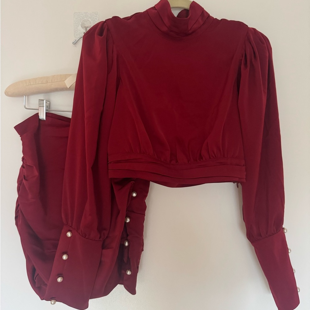 Camila Coelho Red Satin Two-Piece Set (Top + Ruched Skirt) - Perfect party/NYE